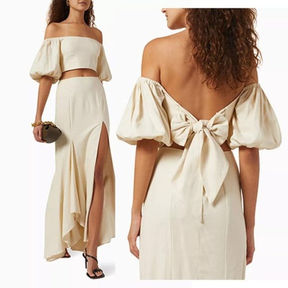 NEW Just Bee Queen Liza Bow Tie Crop Top in Linen Blend Oatmeal Cream - Picture 2 of 8